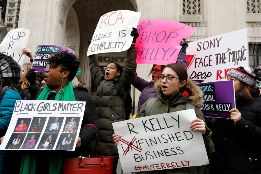 Mandatory Credit: Photo by Richard Drew/AP/REX/Shutterstock (10064148d)
Demonstrators chant during an R. Kelly protest outside Sony headquarters, in New York, . Kelly has been under fire since the recent airing of a Lifetime documentary Surviving R. Kelly . He has denied all allegations of sexual misconduct involving women and underage girls
R. Kelly Protest, New York, USA - 16 Jan 2019