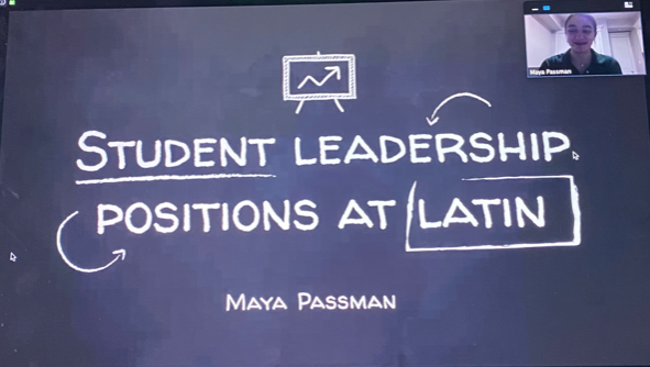 Senior Maya Passman presenting her Senior Project on Student Leadership Positions at Latin.
