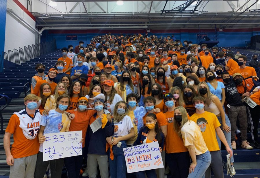 The crowd of Latin students cheering on the Romans at Depauls Sullivan Athletic Center.