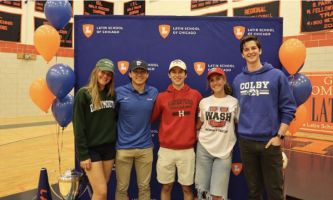 Pictured left to right, seniors McLaine Leik, Patrick Shrake, Daniel Braun, Jadyn Aling, and Avery Rosenberg celebrate their commitment to playing their sport in college.