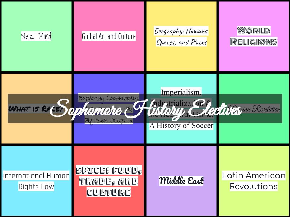 Twelve sophomore history electives will be offered next year, including two running for the first time.