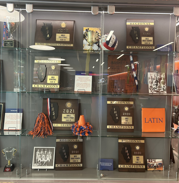 Latin Schools sports trophy case highlights the various achievements by sports teams. 