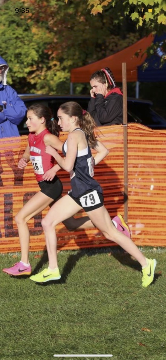 Junior Mia Kotler runs neck and neck with Isabella Keller at the front of the pack at the two-mile mark of the Illinois State Championship Cross Country Meet.