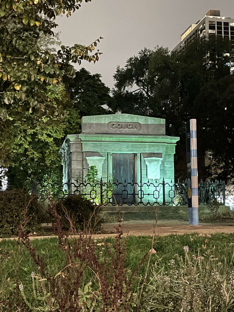 The mausoleum, a building meant to house tombstones, standing in Lincoln Park, just outside of Latin.