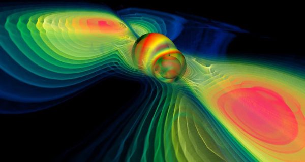 A numerical simulation of two black holes merging performed by the Albert Einstein Institute in Germany.