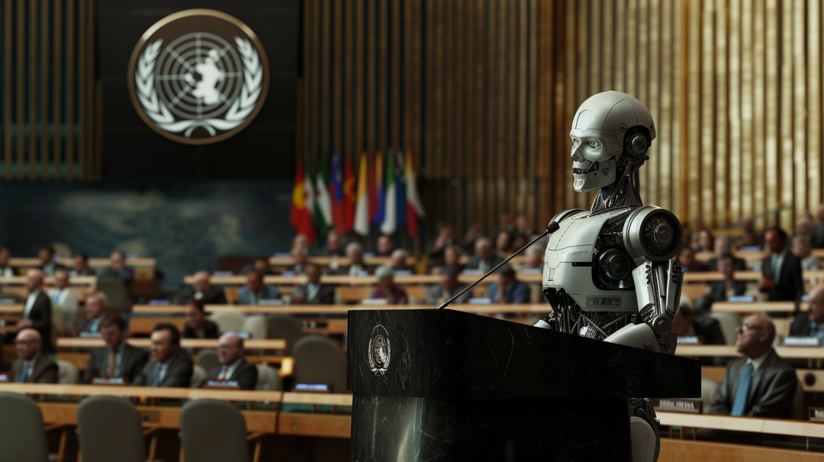 Midjourney AI generates a picture of a robot giving a United Nations speech. While this obviously didn’t happen, if paired with video and sound, and instructed to portray a possible speaker—like a world leader—it could be convincing to many in the near future.