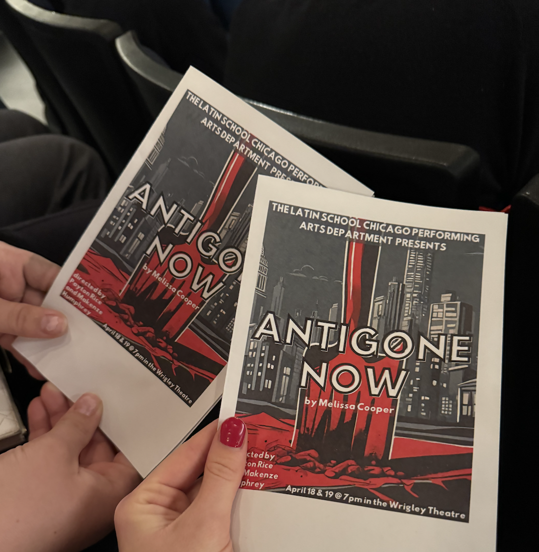 Programs of student-run play Antigone Now, directed by seniors Makenze Humphrey and Payton Rice.