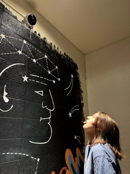 Sophomore Lily Scherberg poses in front of the security camera in the third floor stairwell.