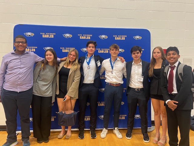 Student members of Latin's Model UN club pose together after a conference at Carl Sandburg Model UN.