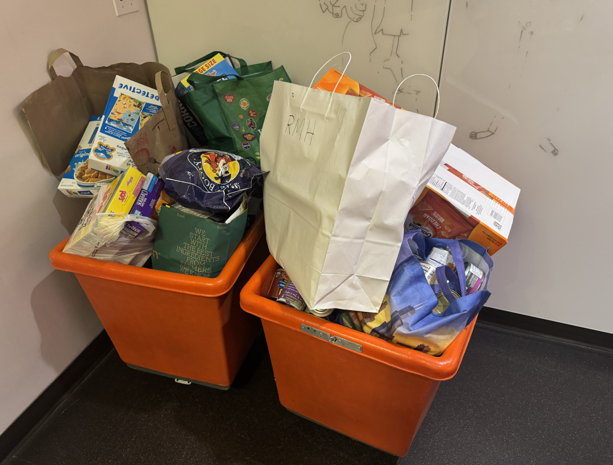 Overflowing donation bins for the Ronald McDonald House food drive.