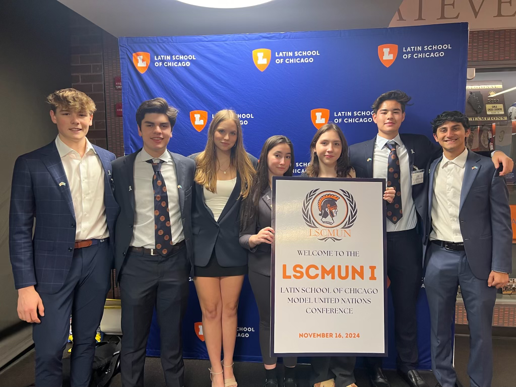 MUN heads junior Graham Snyder, senior Andres De Marco, junior Ellie Falk, seniors Sofia Grimm, Kayley McCutcheon, Kai Gosebruch, and Shiv Opal