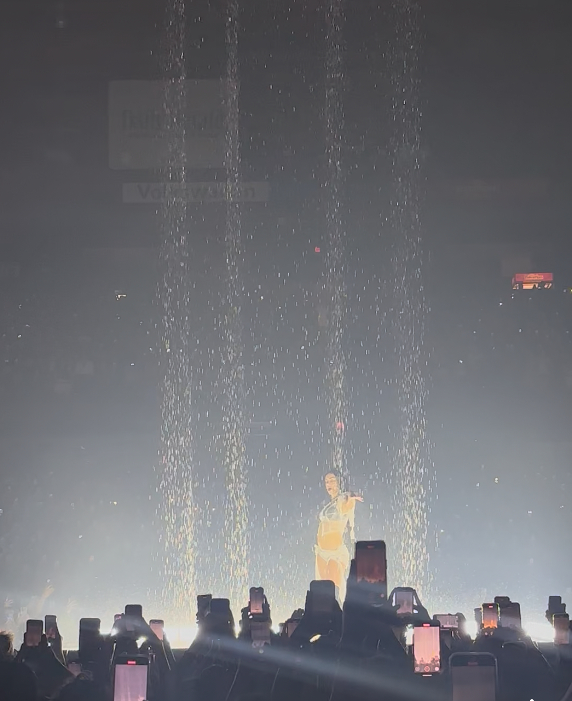 Charli XCX singing “Track 10” while being rained on at the Allstate Arena.