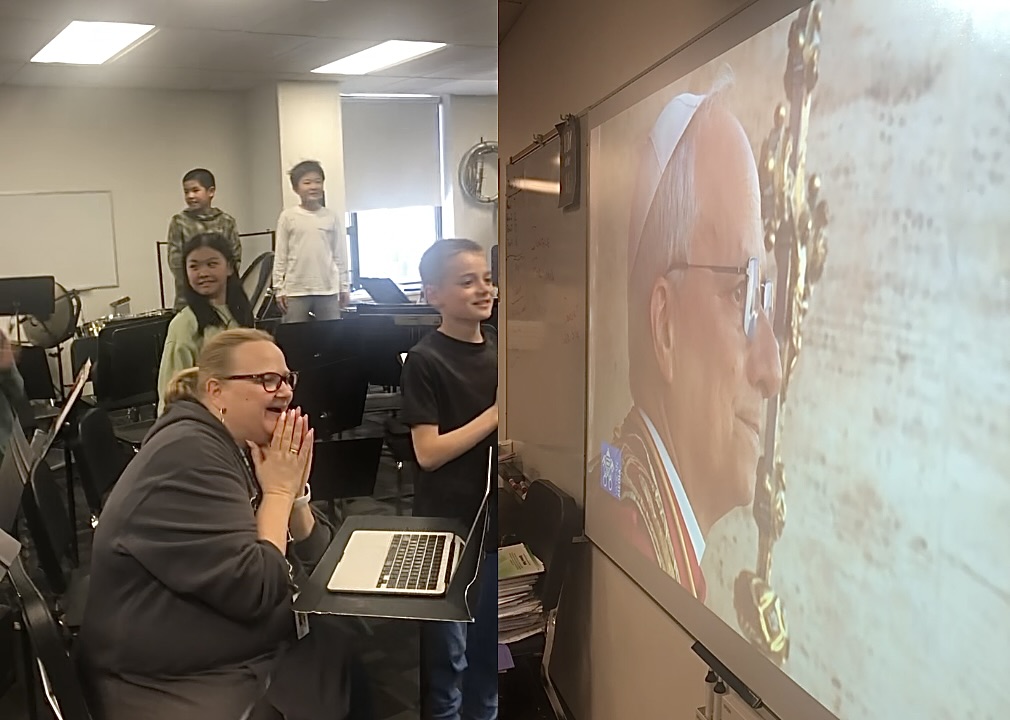 Ms. Gradek celebrates the election of Pope Leo XIV alongside fifth grade band students.