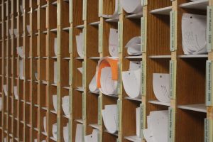 Upper School mailboxes with returned assignments.