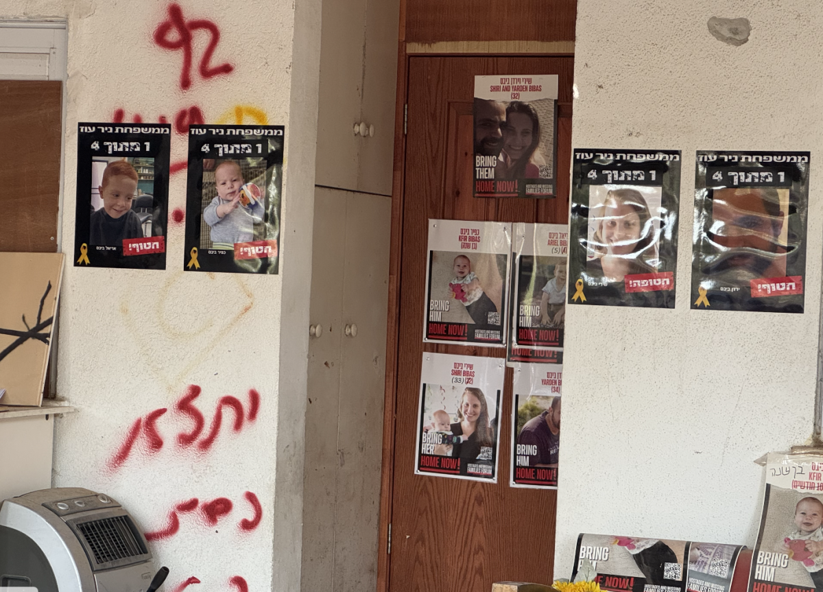 Photo of the hostages taken by Hamas from Kibbutz Nir Oz in Israel. Kibbutz Nir Oz was destroyed on October 7, 2024.