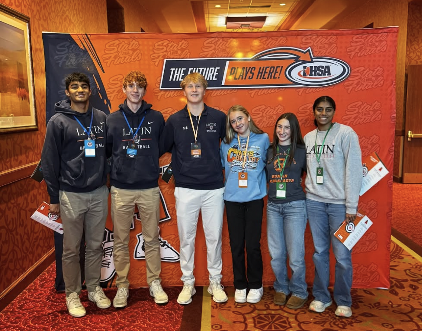 Latin's six student-athlete representatives, from left to right: Rohin Shah, Theo Villers, Liam Calvert, Francesca Mora, Maya Dewitt, and Neena Uppalapati