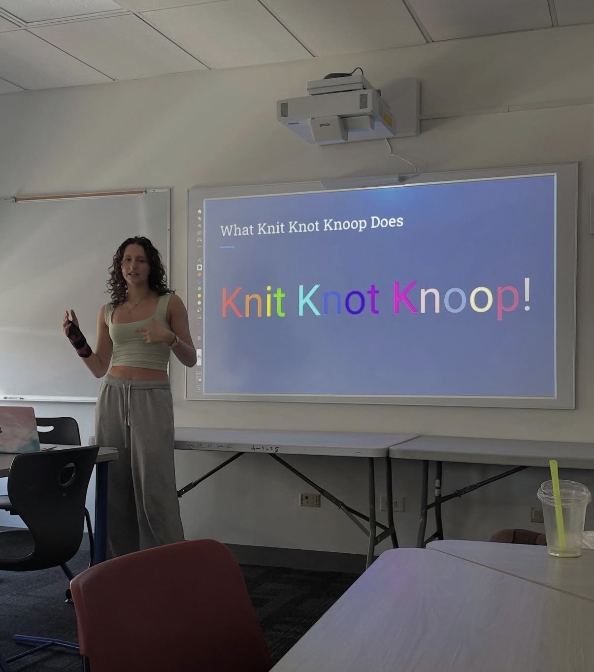 Kate gives her ninth grade Affective Ed class presentation about Knit Knot Knoop.