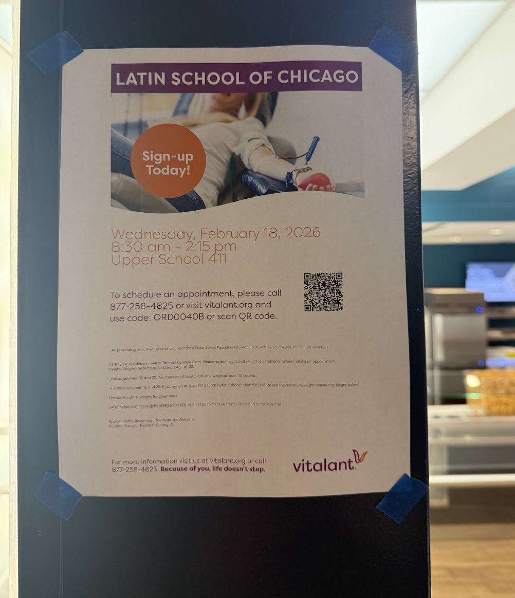 A poster for the Vitalant Blood Drive hangs outside the Learning Commons.